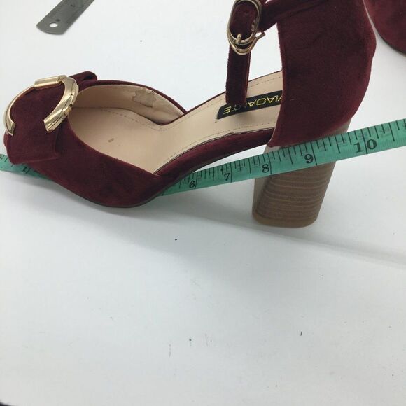 Red Round Toe Pumps Chunky Mid Heel Ankle Strap Dress Shoes - Picture 9 of 10